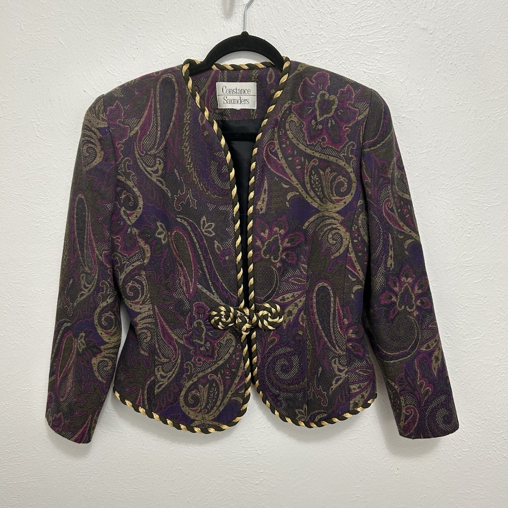 Vintage 90s Constance Saunders Purple Paisley Tapestry Braided Trim Blazer Sz 8